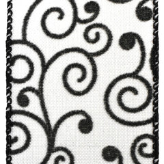Flocked Swirl Filigree Wired Ribbon, 2-1/2-Inch, 10-Yard - Black/White
