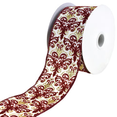 Elegant Damask Pattern Wired Ribbon, 2-1/2-Inch, 10-Yard - Ivory/Burgundy