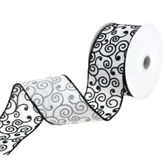 Flocked Swirl Filigree Wired Ribbon, 2-1/2-Inch, 10-Yard - Black/White