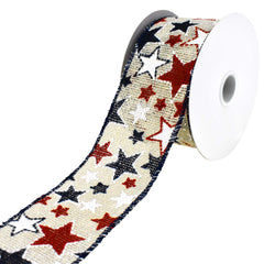 Patriotic Stars Faux Burlap Wired Ribbon, 2-1/2-Inch, 10-Yard