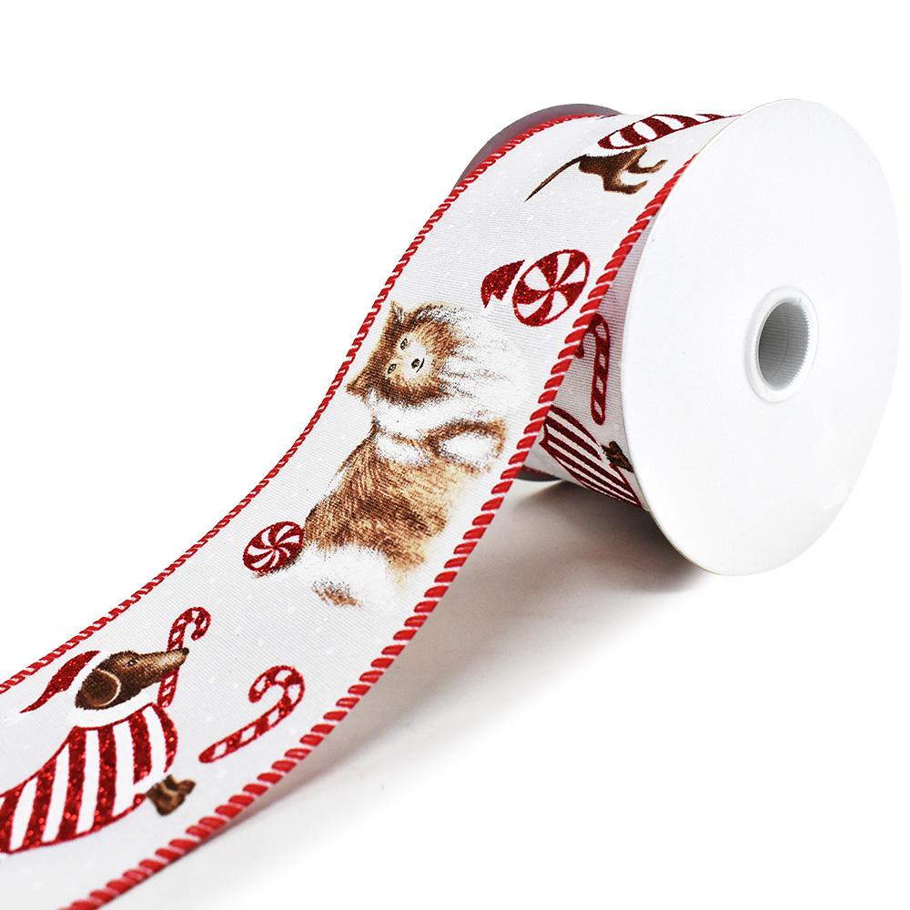 Candy Cane Dog Linen Wired Edge Christmas Ribbon, White, 2-1/2-Inch, 10-Yard