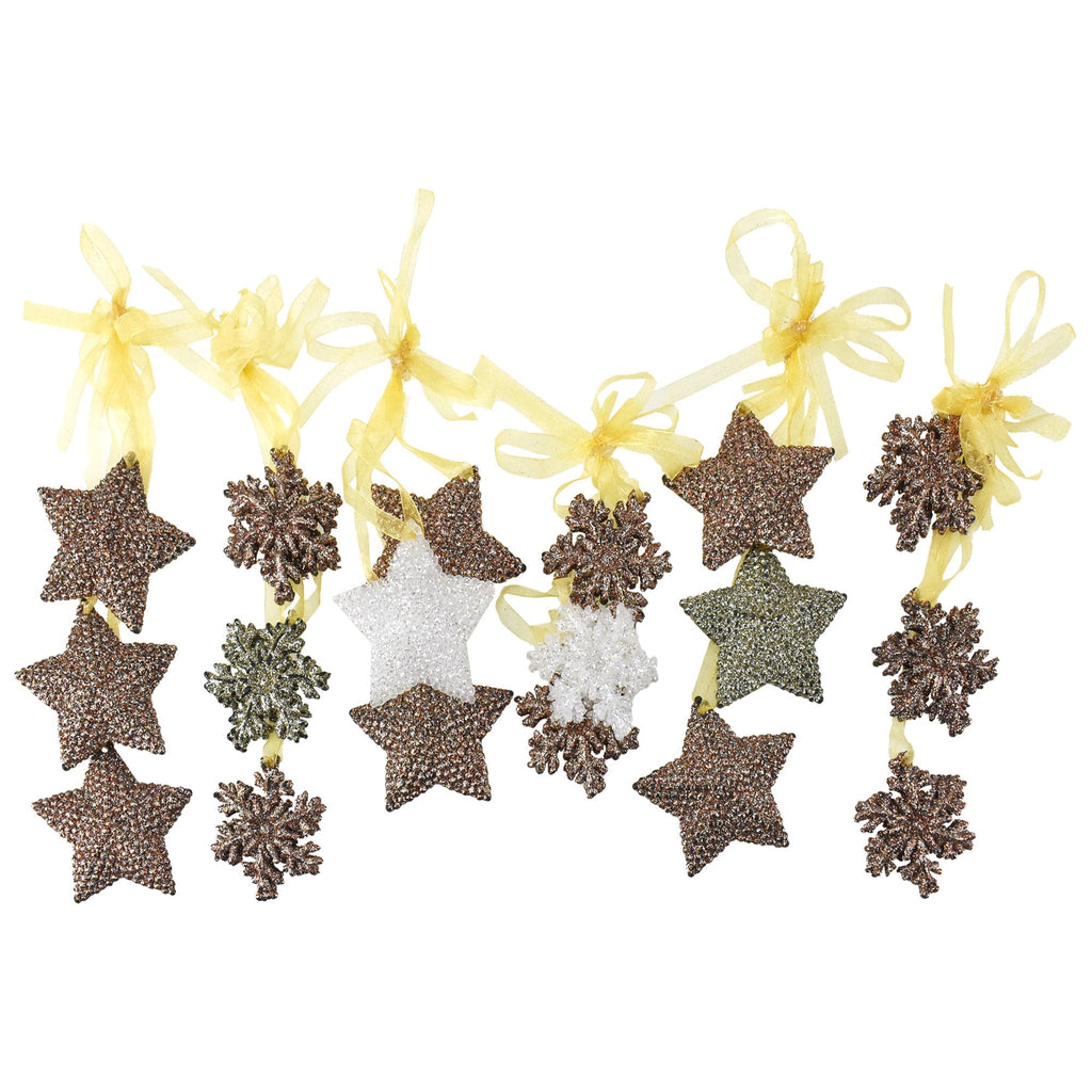 Three Tier Glitter Snowflake and Star Ornaments, Rose Gold, Assorted Sizes, 6-Piece