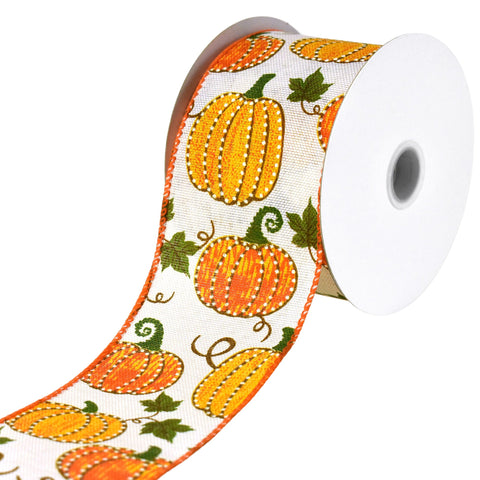 Autumn Dotted Pumpkins Faux Burlap Wired Ribbon, 2-1/2-inch, 10-yard