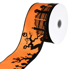 Flocked Halloween Scene Satin Wired Ribbon, 2-1/2-inch, 10-yard