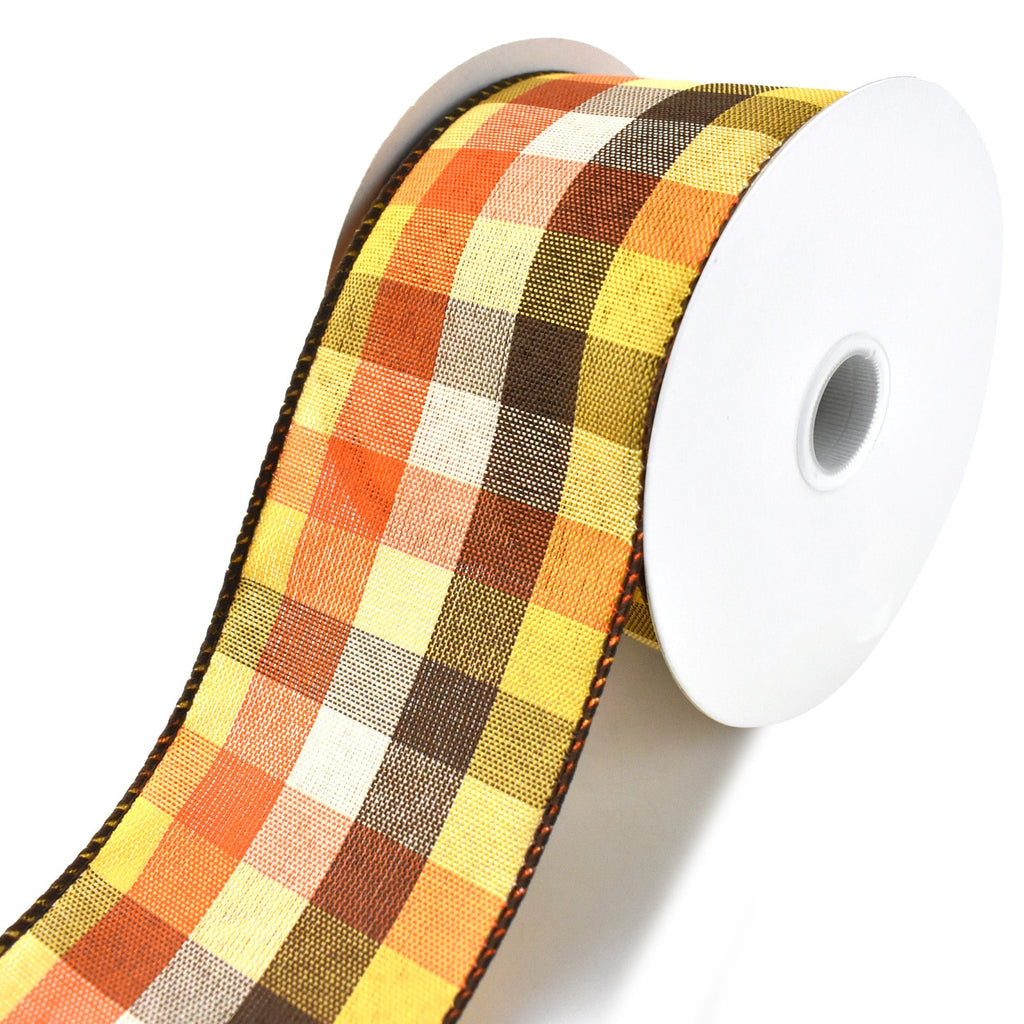 Square Plaid Wired Ribbon, Orange/Brown/Yellow/Cream, 2-1/2-Inch, 10-Yard