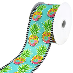 Floral Pineapples Striped Edge Wired Ribbon, 2-1/2-inch, 10-yard