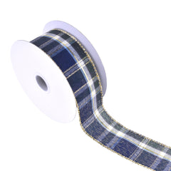 Gold Trim Plaid Wired Ribbon, 1-1/2-Inch, 10-Yard - Navy Blue/Moss