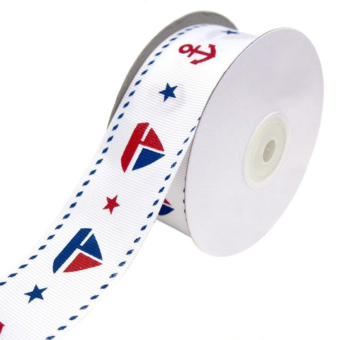 Nautical Sailboat Anchor Grosgrain Ribbon, White, 1-1/2-Inch, 25-Yard