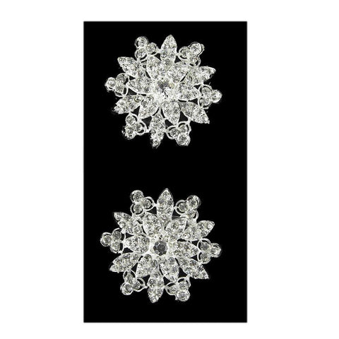 Classy Flower Rhinestone Crystal Brooches, Silver, 2-1/2-Inch, 2-Piece