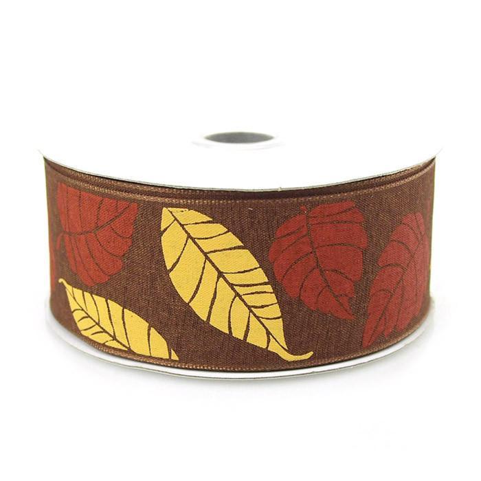 Leaves Poly Ribbon Wired Edge, 1-1/2-inch, 10-yard, Brown