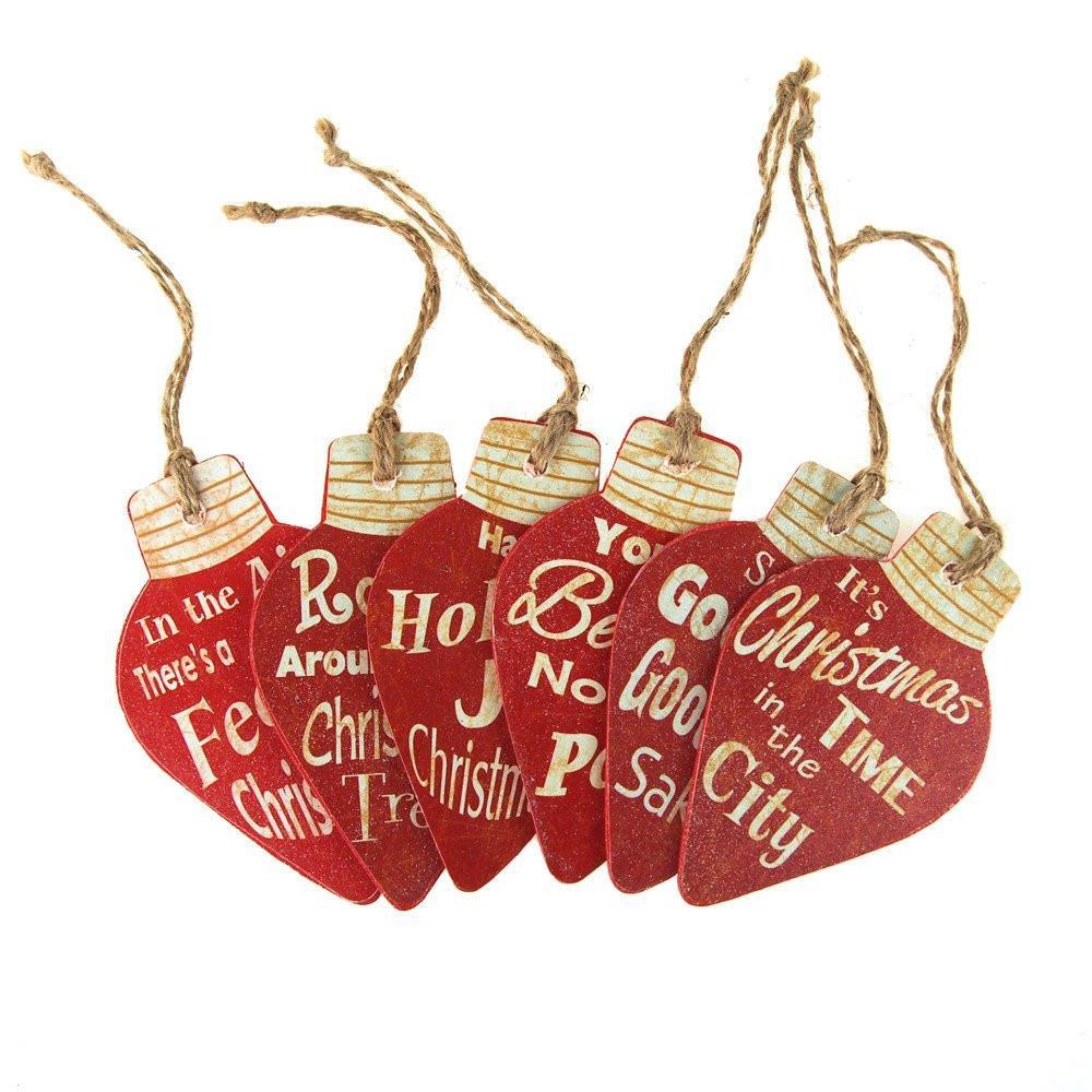 Holiday Script Light Bulb Wood Ornaments, Red, 4-Inch, 6-Piece
