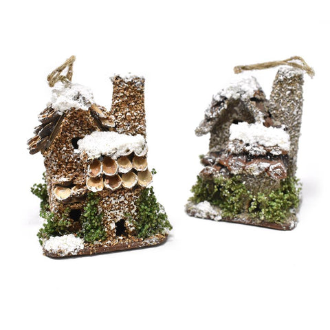 Decorative Snowy Birdhouse With Chimney Ornament, 2-Piece