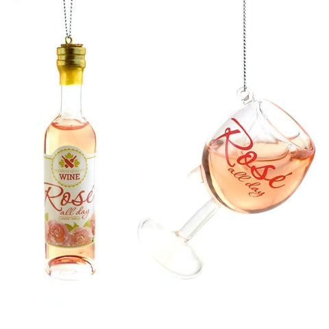 Rosé Wine Glass and Bottle Christmas Ornaments, 2-Piece