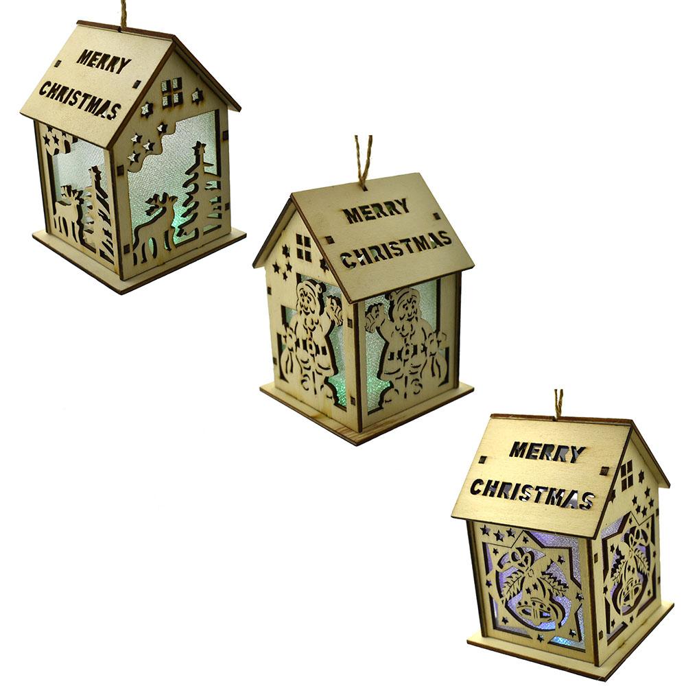 Light Up Wooden Cutout House Ornaments, 3-7/8-Inch, 3-Piece