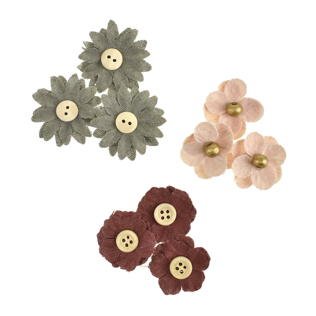 Adhesive Canvas Burlap Flower with Center Button and Bead, Assorted Sizes, 9-Piece