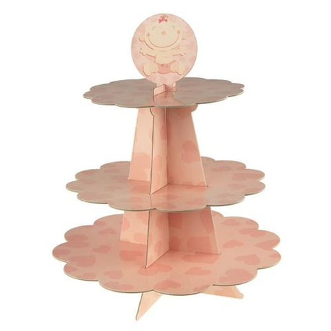 Baby Girl Heart Cardboard Cupcake Stand, Pink, 3-Tier, 14-Inch
