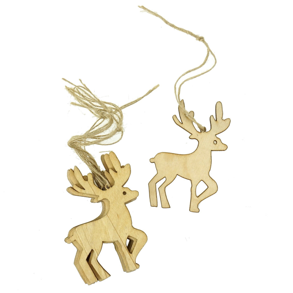 Wooden Reindeer Laser Cut Christmas Ornaments, Natural, 3-Inch, 6-Count