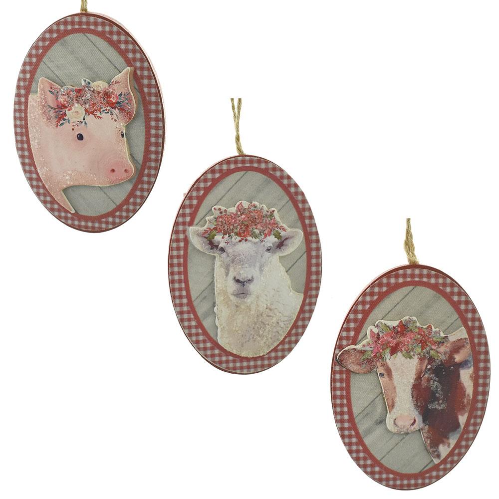 Wooden Oval Farm Animal Ornaments, 4-Inch, 3-Piece