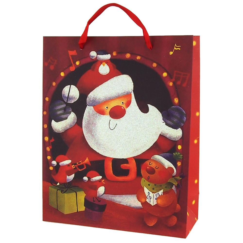 Santa & Friends Christmas Glitter Gift Bag, 12-1/2-Inch