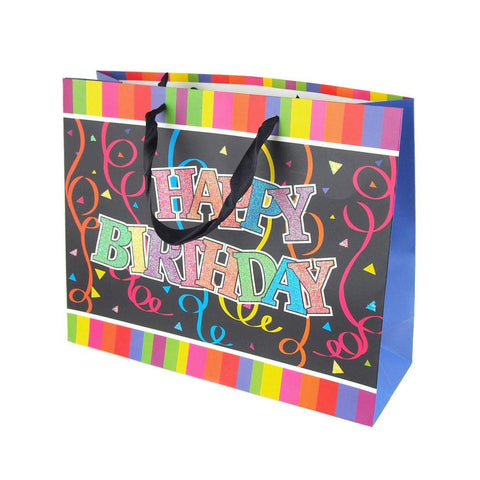 Glittered Happy Birthday Streamers Paper Gift Bags, 10-Inch