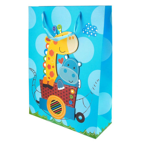 Giraffe/Hippo Train Ride Circle Dots Baby Shower Paper Gift Bags, Blue, 16-Inch,
