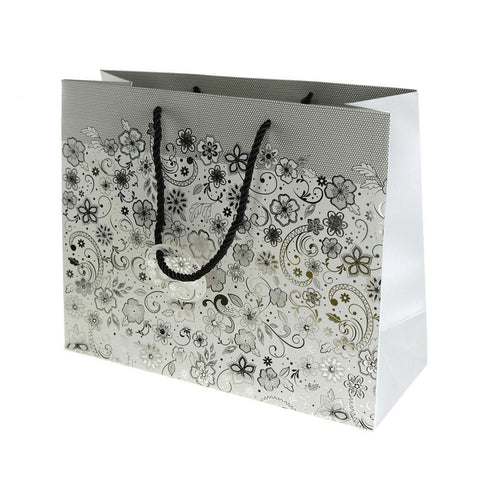 Flower Design Wedding Paper Gift Bags, Silver, 10-Inch