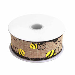 Bumblebees Natural Linen Ribbon Wired Edge, 10-yard