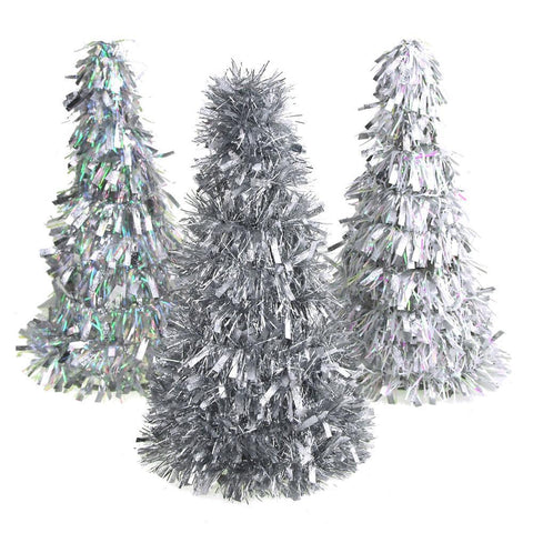 Christmas Tinsel Tree Cone Christmas Tabletop, Iridescent/Silver, 10-Inch, 3-Piece