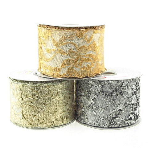 Metallic Floral Lace Trim Ribbon, 2-1/2, 10-yard