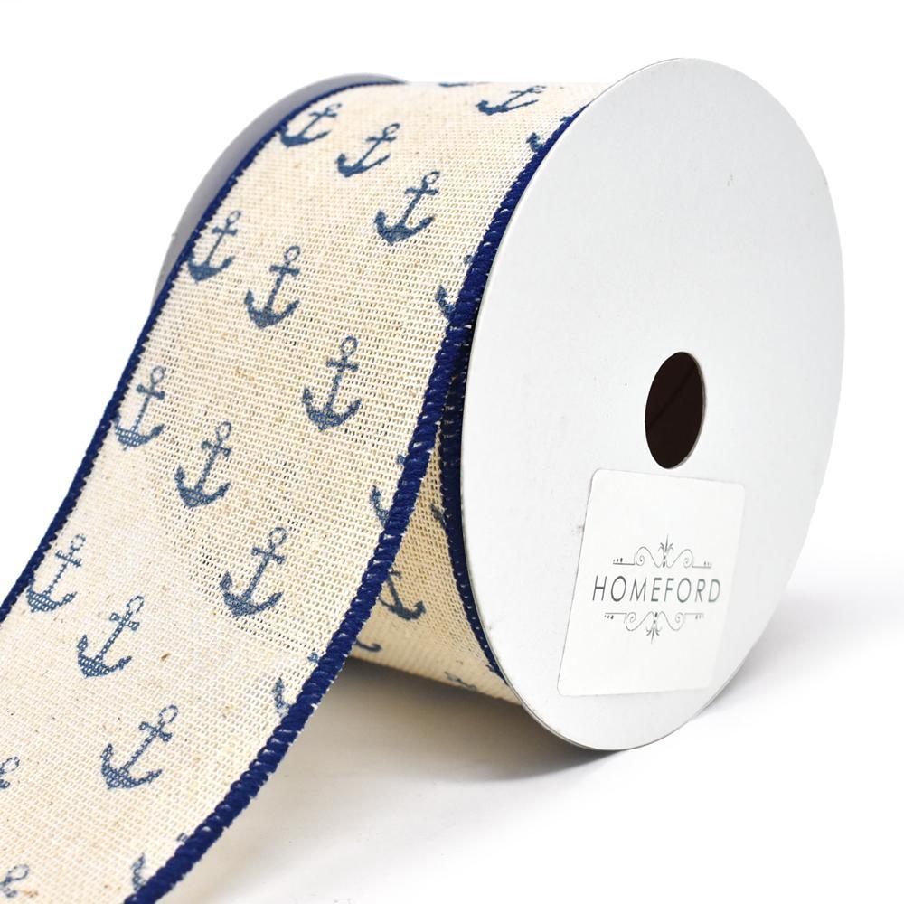 Nautical Navy Anchor Canvas Wired Ribbon, Ivory, 2-1/2-Inch, 10-Yard