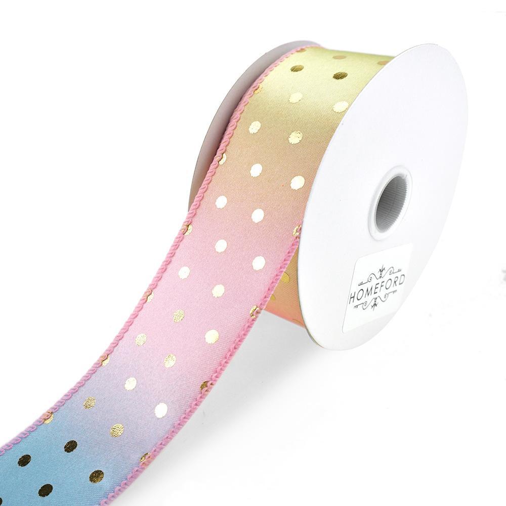 Pastel Ombre Satin Wired Ribbon with Gold Dots, 1-1/2-Inch, 10-Yard