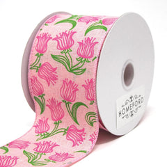 Fuchsia Tulips Outline Linen Wired Ribbon, 10 Yards