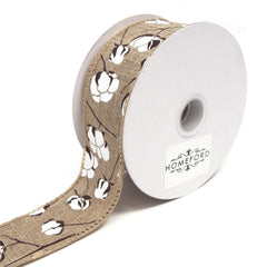 Cotton Boll Stems Linen Ribbon, 10 Yards