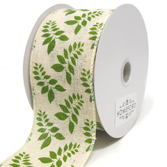 Fern Leaves Print Ivory Canvas Ribbon, 10 Yards