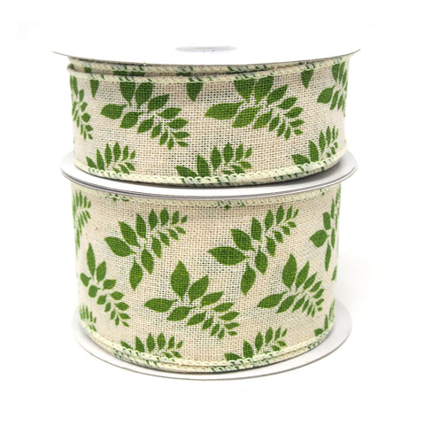 Fern Leaves Print Ivory Canvas Ribbon, 10 Yards