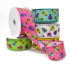 Vibrant Colored Lady Bugs Wired Linen Ribbon, 1-1/2-Inch, 10-Yard