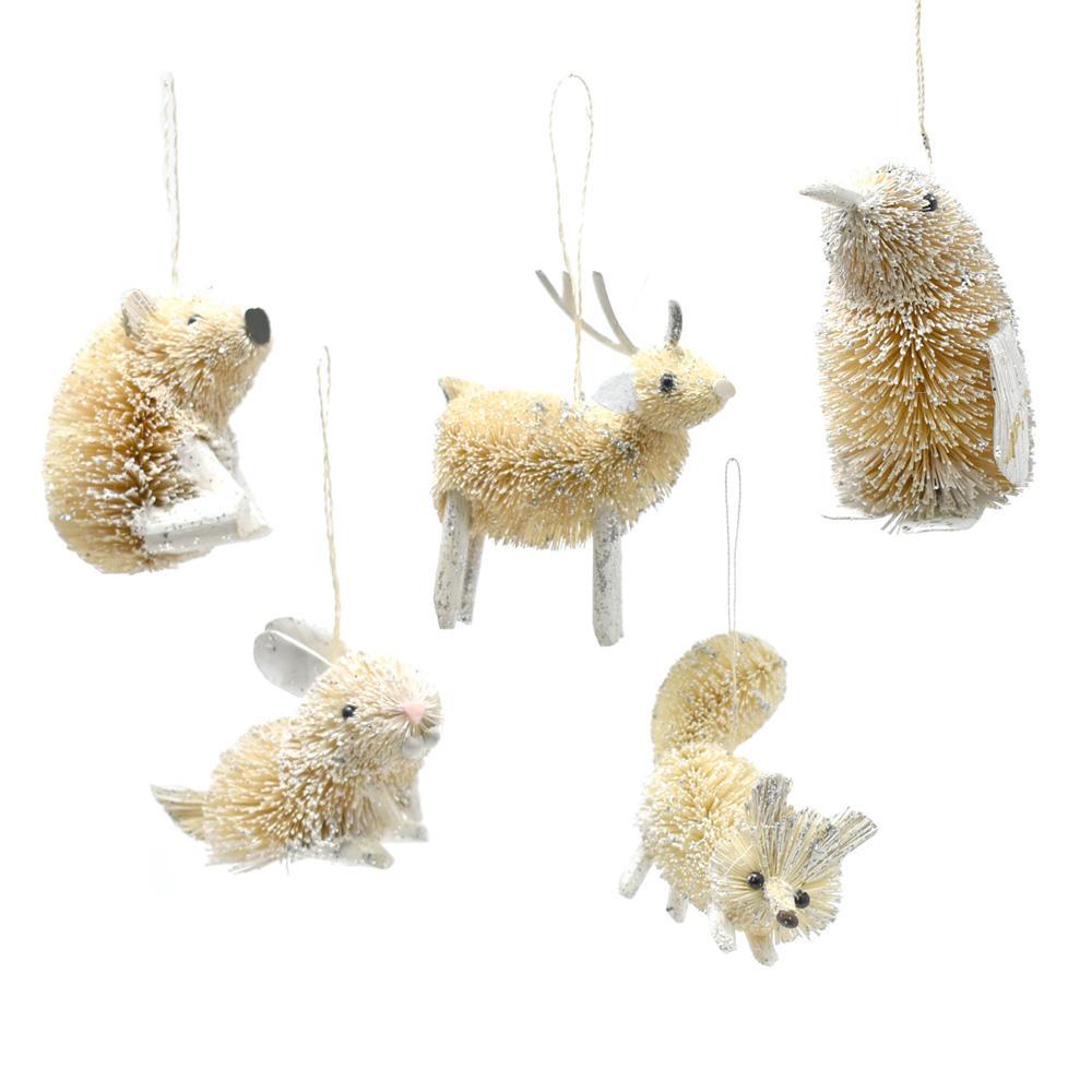 Buri Woodland Animal Christmas Ornaments, Ivory, 5-Piece