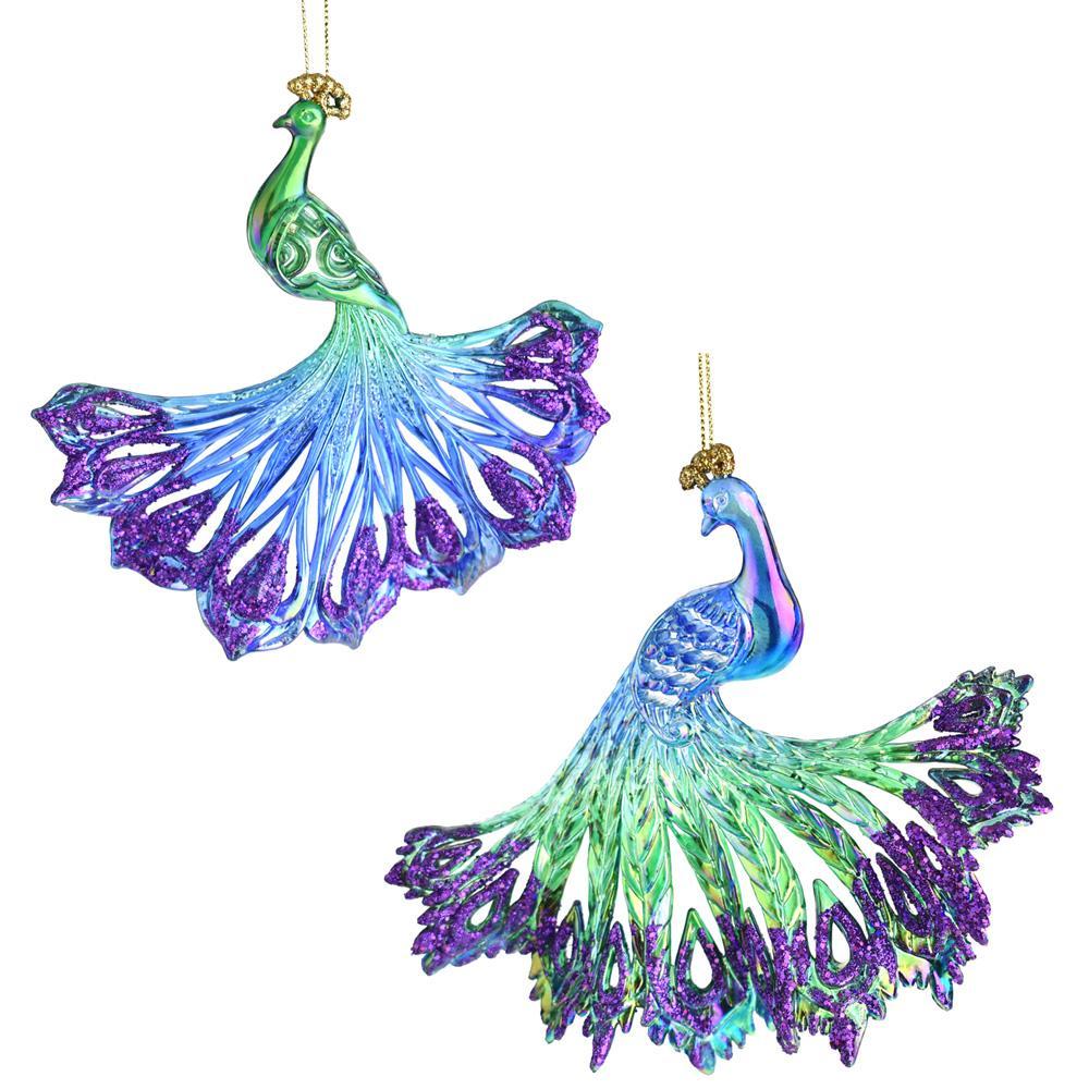 Iridescent Glitter Accent Acrylic Peacock Christmas Ornaments, 5-1/2-Inch, 2-Piece
