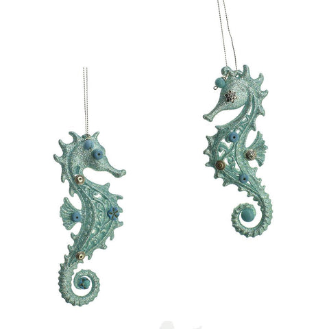 Glittered Plastic Seahorse Christmas Ornaments, Aqua, 5-1/2-Inch, 2-Piece