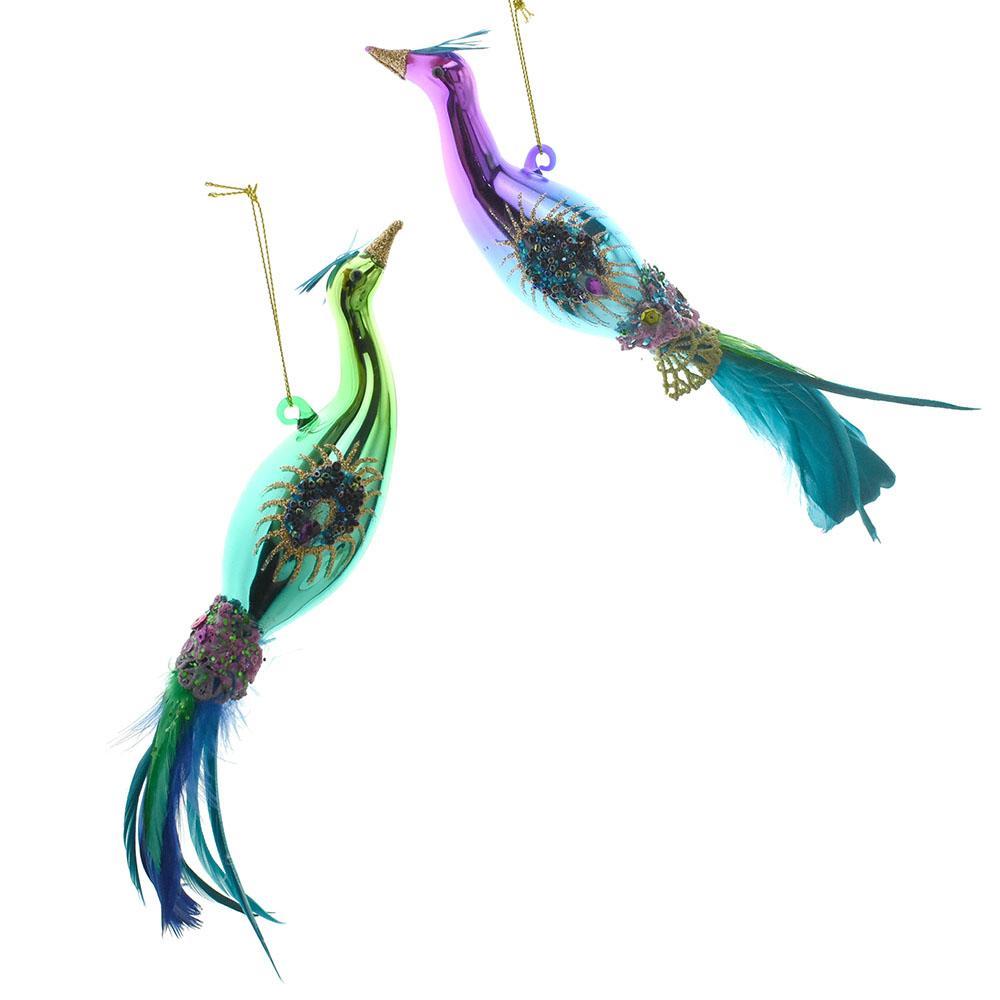 Glass Slender Peacock Ornaments, 9-Inch, 2-Piece