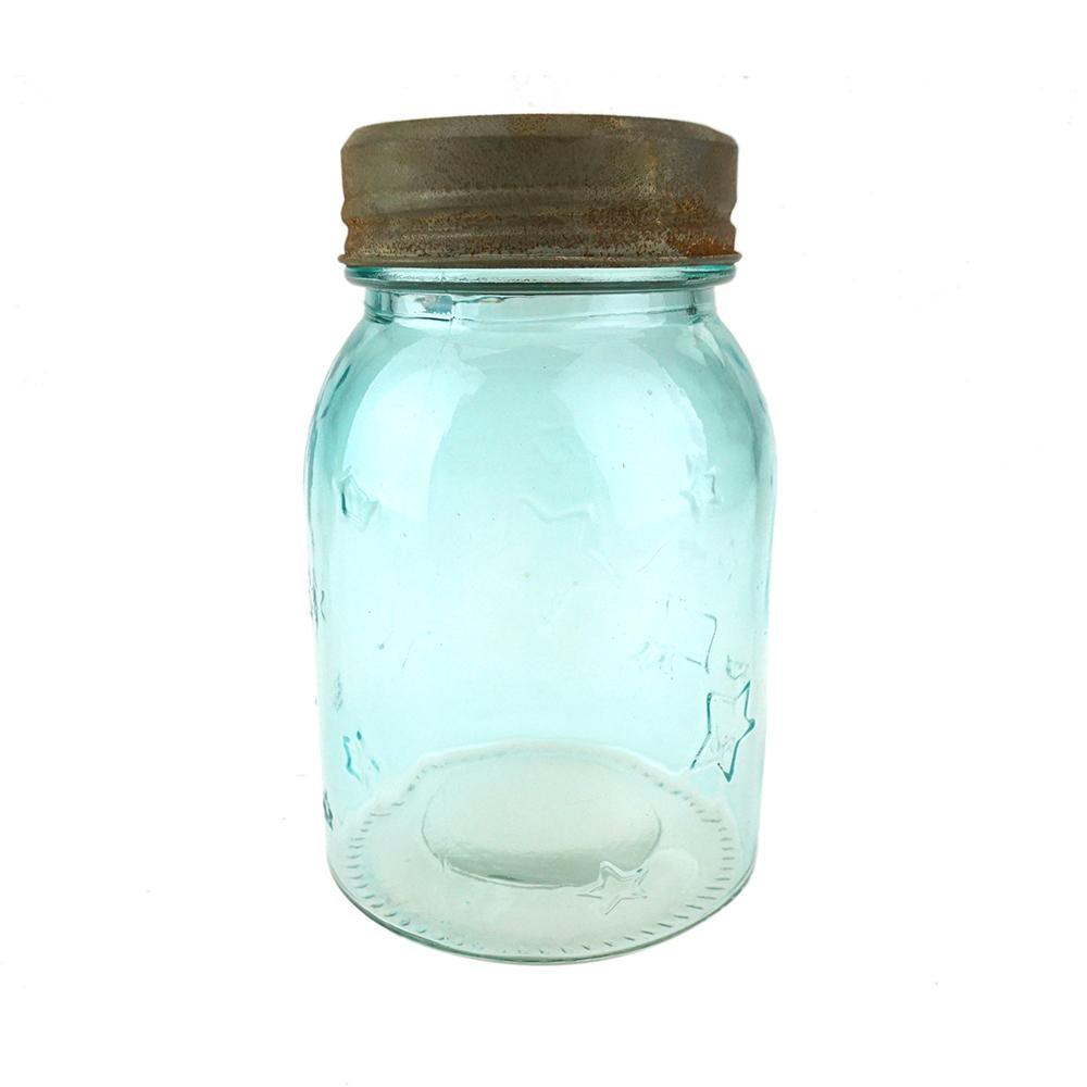 Clear Star Print Glass Mason Jar, Blue, 5-1/2-Inch