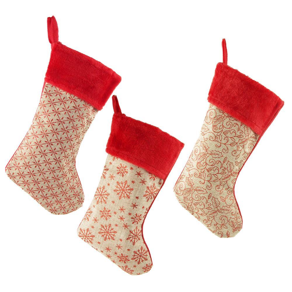 Natural Burlap Christmas Stockings with Plush Red Cuff, 18-Inch, 3-Piece