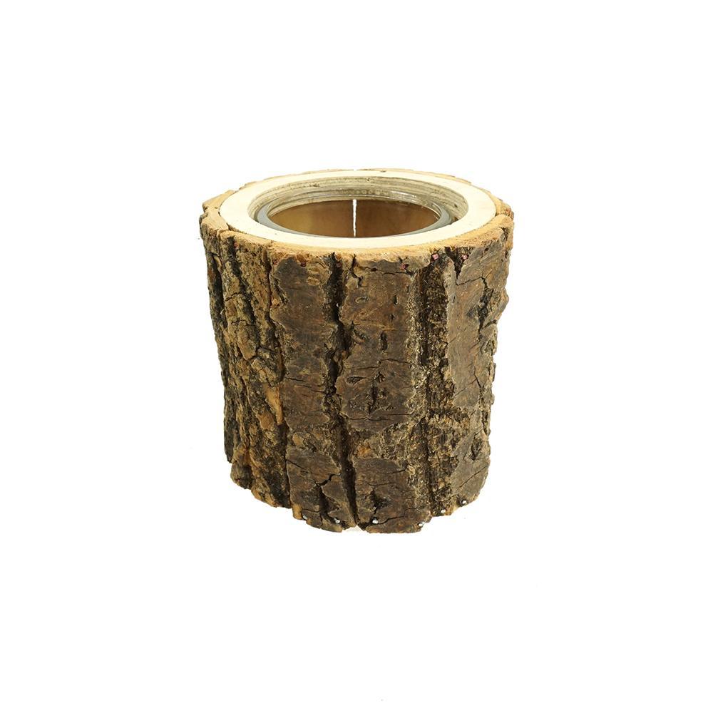 Wooden Bark Planter with Inner Glass Vase, 4-1/4-Inch