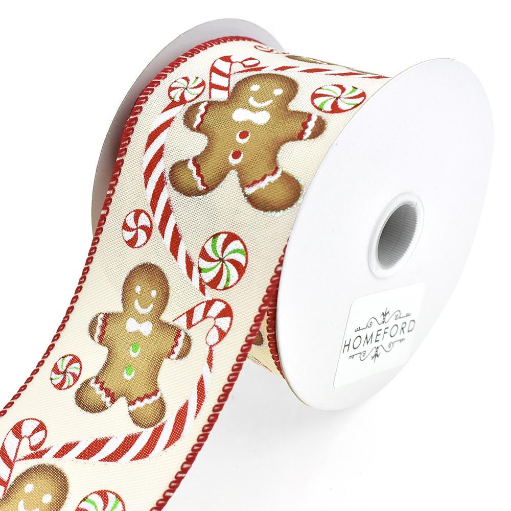 Holiday Gingerbread Man Wired Edge Linen Christmas Ribbon, Ivory, 2-1/2-Inch, 10-Yard