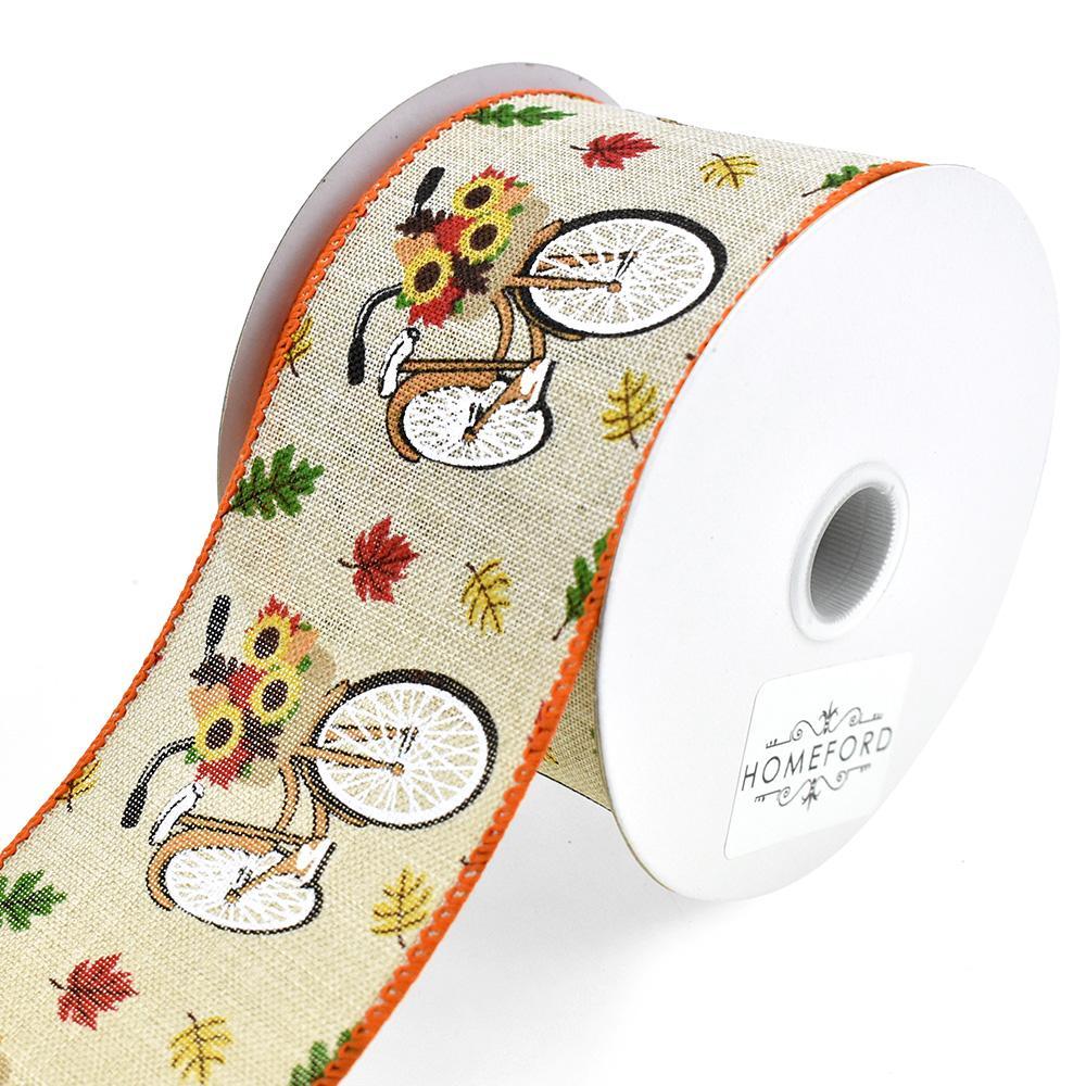 Natural Linen Fall Bicycles with Flowers Wired Ribbon, 2-1/2-Inch, 10-Yard