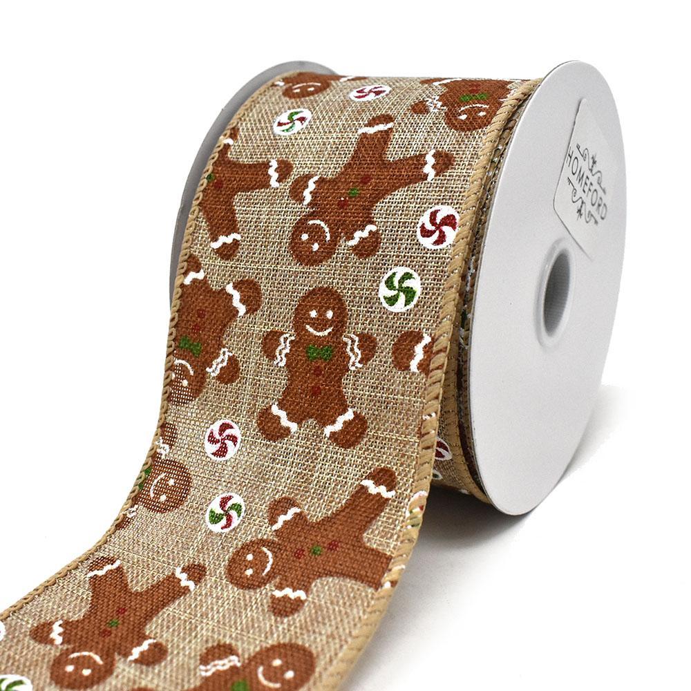 Natural Linen Gingerbread Men Wired Ribbon, 2-1/2-Inch, 10-Yard