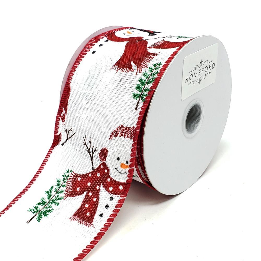 Christmas Frosted Snowmen Linen Ribbon, 2-1/2-Inch, 10-Yard, White