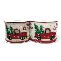 "Merry Christmas" Red Truck Linen Ribbon, 2-1/2-Inch, 10-Yard