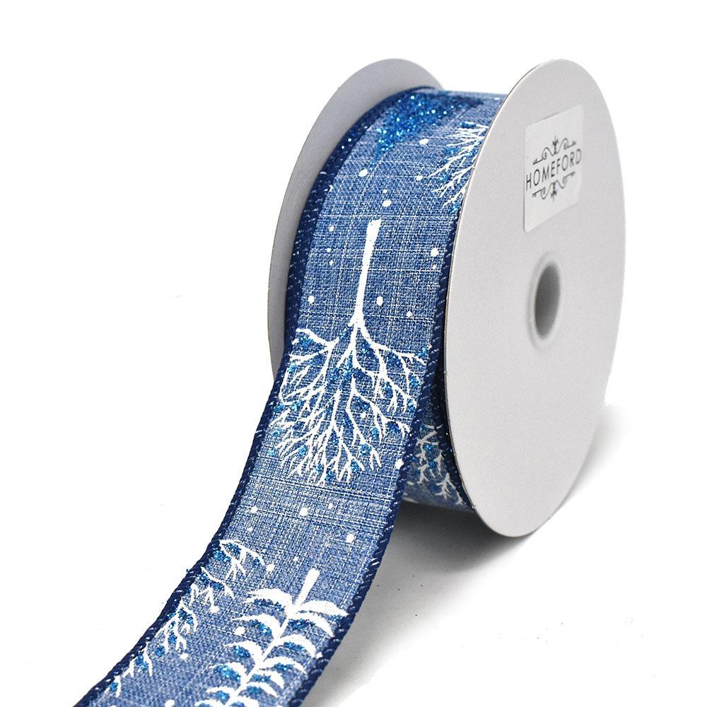Denim Linen with White Trees Wired Ribbon, 1-1/2-Inch, 10-Yard
