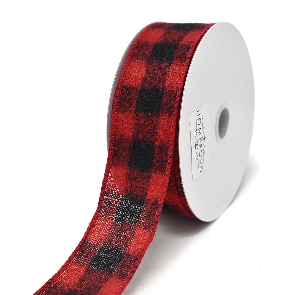 Christmas Brushed Square Plaid Wired Ribbon, 10-yard
